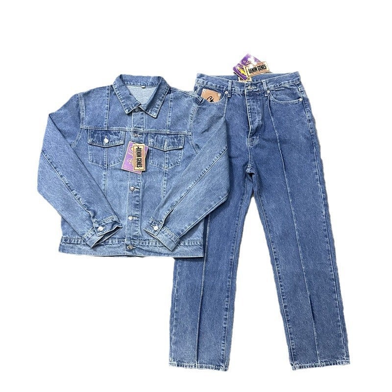 Corteiz Alcatraz Island Denim Suit High Street West Denim Jacket Coat Loose Jeans Trendy Brand - Image 4